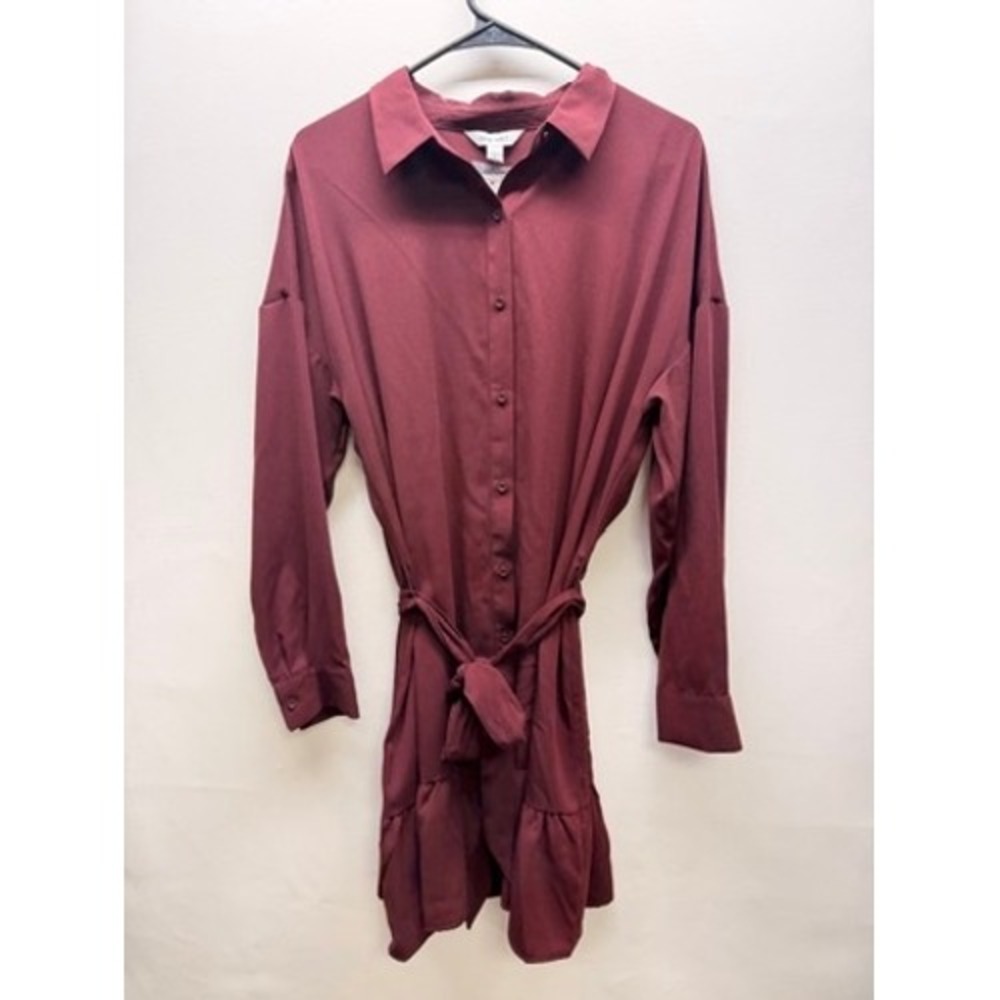 Nine West Ruffle Hem Dress Women L Plum Maddie Dolman Sleeve Tie Waist Mini
